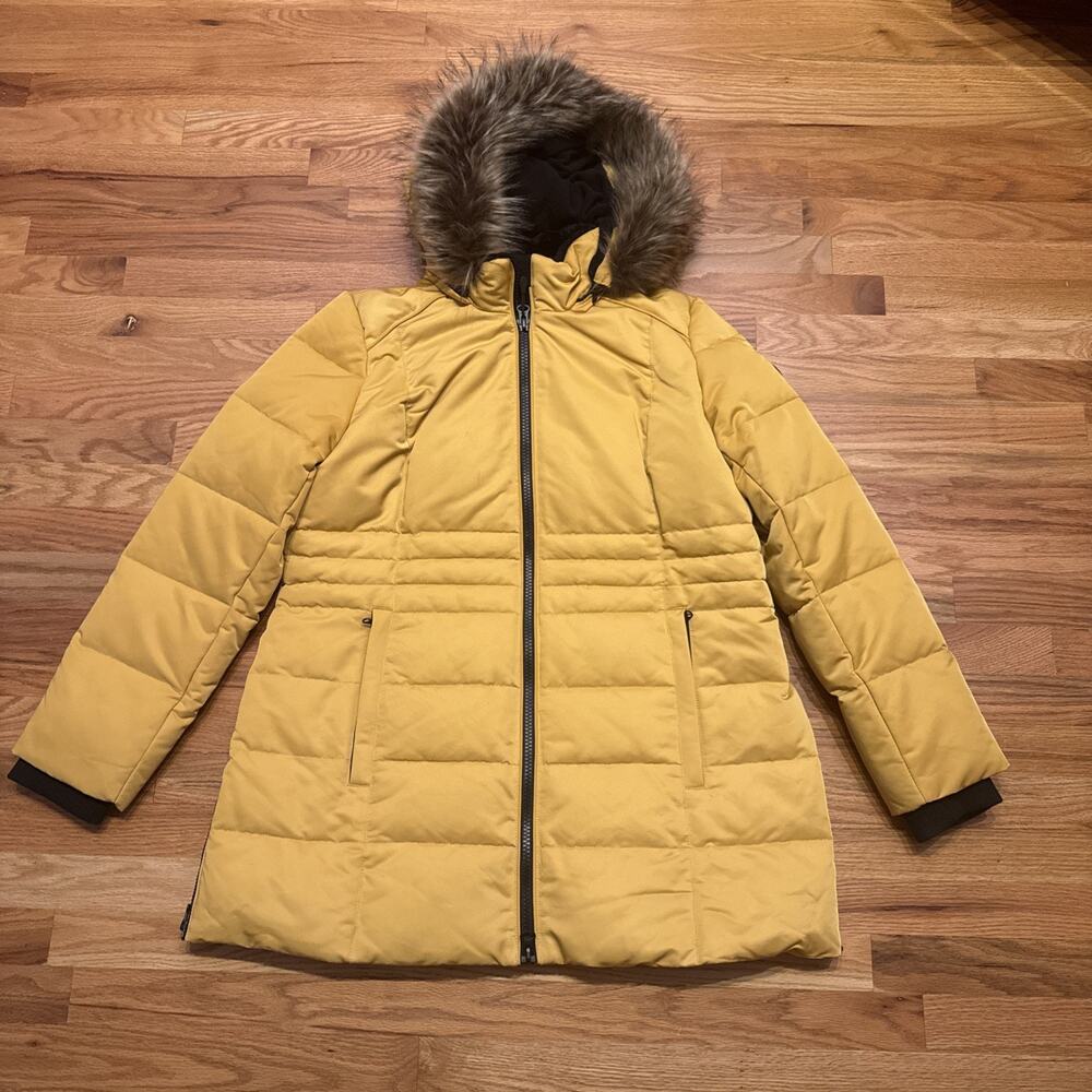 Arctic Expedition Horizontal Quilted Zip Front Down Coat with Hood Yellow Sz Lg